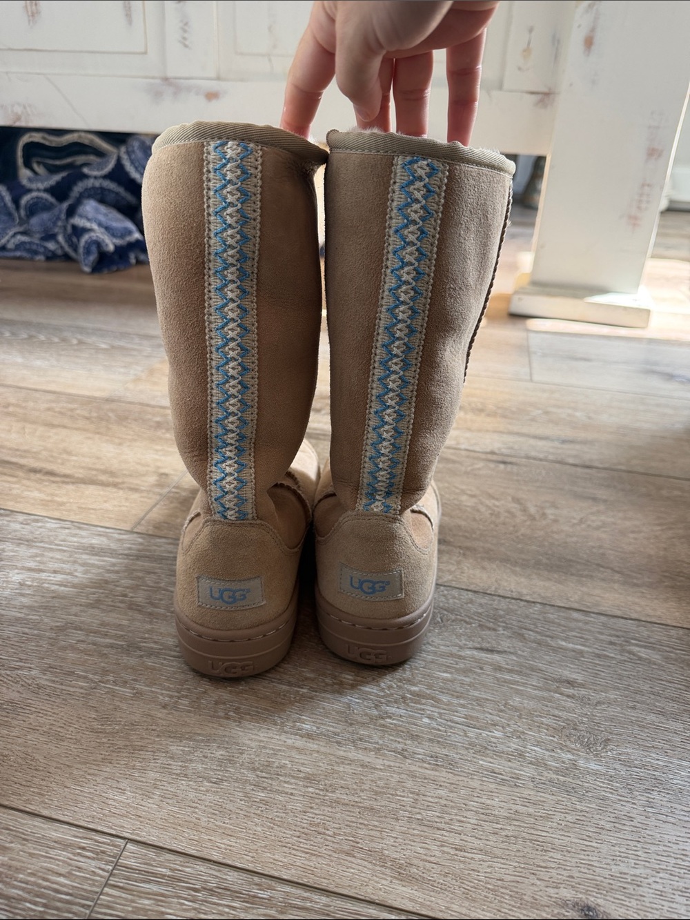 UGG Tall Sand Boots with Light Blue Embroidered Trim